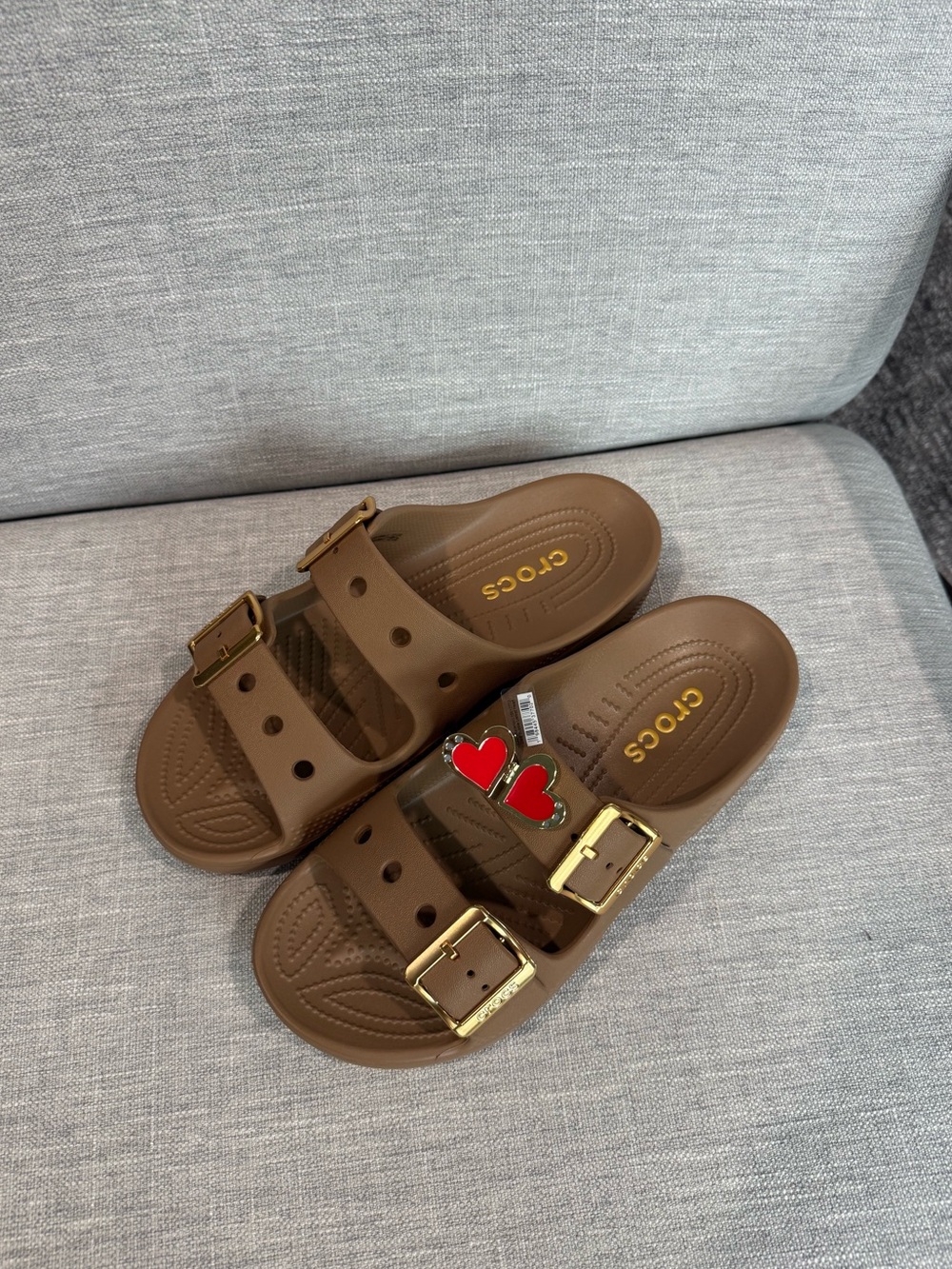 NWOT Crocs Classic Saturday Sandals Metallic Buckle Sepia with 1 FREE JIBBITZ - Picture 2 of 5